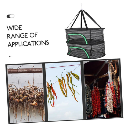 Top Shelf Hanging Drying Rack With Breathable Mesh Net For Herbs Vegetables And Fish, featuring dual layers and green trim.