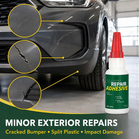 High Strength Auto Bumper Repair Adhesive Quick Cure Formula fixes cracked plastic trim, shown with cracks in bumper and adhesive bottle.