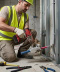 Electrician using Automatic Handheld Wire Puller For Power Drill on metal conduit, heavy-duty construction site, professional tool in action.
