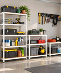 Badass Heavy Duty Garage Shelves 5 Tier Adjustable Storage Rack Heavy Hitting Steel Utility Shelf With Thick MDF Boards Massive 1929 Pound Capacity Rock Solid Build For Workshops And Basements White with tools and plants.