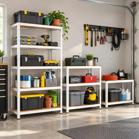 Heavy Duty 5 Tier Garage Shelves Built Tough Steel Rack With Thick MDF Panels Adjustable Commercial Shelving Unit handles tools and storage boxes.
