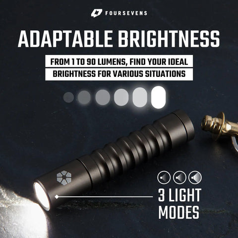 Beta Quick Release V2 Keychain LED Flashlight featuring adaptable brightness and three light modes on a dark surface.