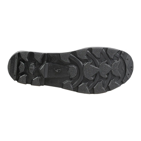 Bottom view of Mens Heavy Duty 14 Inch Steel Toe Work Boots Black Size 10 with rugged outsole for traction and stability.