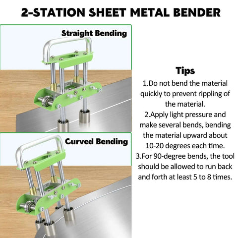 2-station sheet metal bender demonstrating straight and curved bending techniques with instructions for optimal use.