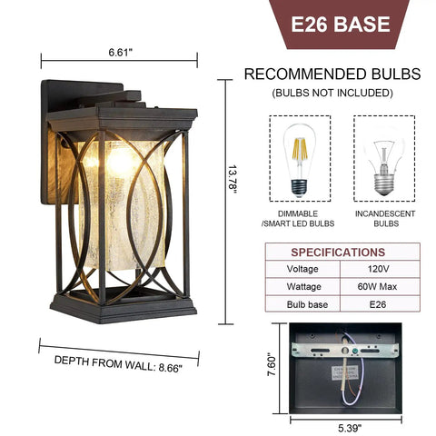 Dusk To Dawn Outdoor Coach Lantern With Crack Like Glass Black Aluminum Waterproof Wall Sconce For Front Porch Exterior Lighting