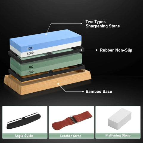 Pro Grade Double Sided Whetstone Knife Sharpening Kit With 400 And 1000 Grit On One Side And 3000 And 8000 On The Other, bamboo base