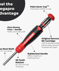 Ratcheting Screwdriver With Pullout Bit Cartridge For Easy Bit Change Red Handled Tool One Quarter Inch Hex Driver Alloy Steel Shaft Palm Saver Cap Made In Canada with features labeled.