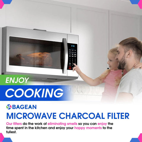 Family using microwave with Charcoal Microwave Filter Replacement 2-Pack for Over The Range Vent Fans, freshening kitchen air.