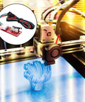 Close-up of a 3D printer using a 6 Pcs 3D Printer Endstop Mechanical Limit Switch Kit for RAMPS 1.4 With 27 Inch Cable, showing blue 3D print in progress.