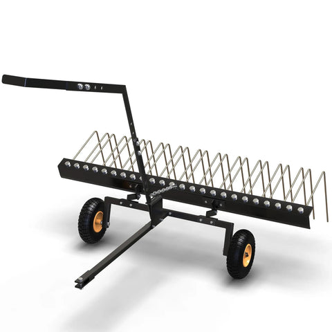 60 Inch Tow Behind Landscape Rake For ATVs And Mowers, beefy steel teeth, shown from side view with universal pin hook attachment.