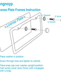 Diagram showing installation of 2-Pack Matte Black License Plate Frames, Rust-Proof Aluminum 12.25 x 6.25 Inch, 2-Hole Mount