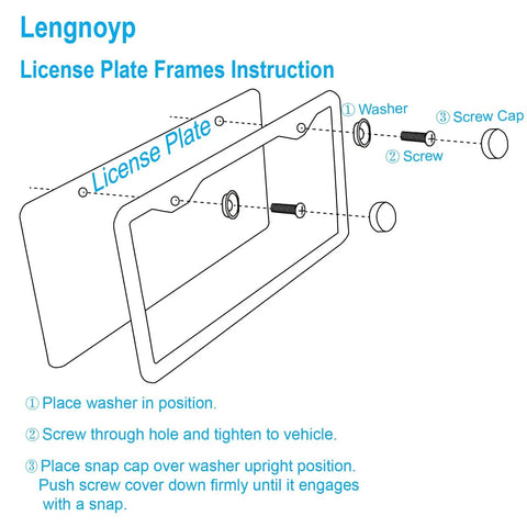 Diagram showing installation of 2-Pack Matte Black License Plate Frames, Rust-Proof Aluminum 12.25 x 6.25 Inch, 2-Hole Mount