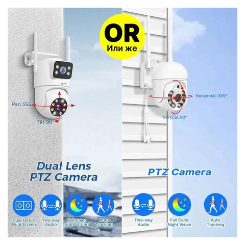 Kickass 6MP Dual Lens WiFi CCTV NVR Surveillance Camera Kit Delivers 3K Crystal Video Ultra Wide Angle overview of two PTZ cameras.
