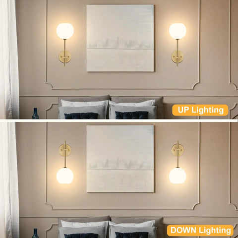 Gold Wireless Wall Sconces Set Of Two With Rechargeable Battery And Remote Features Three Tunable Color Temperatures Plus Twelve Rgb Modes For Chill Bedroom Or Hallway Ambience No Drills Needed And Super Fast Setup, displaying up and down lighting options.