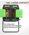 Easy Assembly Outdoor Compost Tumbler With Dual Chamber Rotating Bin For Fast No Fuss Garden And Kitchen Composting Large Capacity Leaf Collector Keeps Yard Waste Turning Into Rich Soil Efficiently, top view with open green lids.