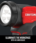 Pro Grade Garage Ready 20v Max Cordless Power Tool Combo Featuring A Six Point Five Inch Circular Saw Quarter Inch Impact Driver Brushless Half Inch Drill Driver And Bright LED Work Light showing the LED work light with 140 lumens.