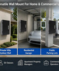 Rock Solid EV Charger Enclosure Box Featuring Quick Set Combo Lock Wall Mount Weatherproof Shield for Garage Driveway and Public Electric Car Plug Safe Zones seen mounted in private villa, residential garage, and public parking lot.