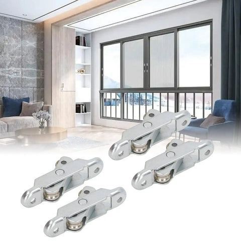 Built Tough 4 Pack Double Wheel Roller Pulleys Slide Like Butter For Sticky Doors Smooth Window Tracks Zero Jam Closet Setup Durable Alloy Steel Quick Fix Everyday Household Gear in modern home setting.