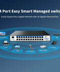 24-Port Workhorse Gigabit Ethernet Switch With Plug And Play Setup for home and small office networks, shown with connected devices.