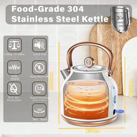 1.7L Stainless Steel Electric Kettle With Big Temperature Gauge And LED Indicator, 1500W Fast Boil For Quick Tea Or Coffee, Auto Shutoff And Boil Dry Protection, White