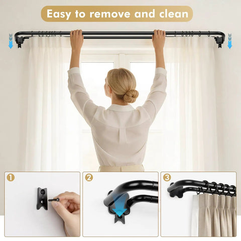 Adjustable Black Double Curtain Rod Set With Twist In Telescoping Segments And Wrap Around Design For 32 To 58 Inch Windows installation