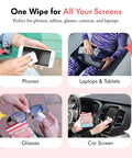 Collage showing uses of Tech And Lens Wipes For Eyeglasses Screens And Phones On The Go Streak Free Lint Free Pre Moistened Multi Surface Cleaner.