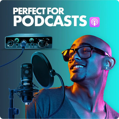 Top Shelf Cardioid Condenser Microphone Bundle With Dead Simple 2x2 Audio Interface And Rock Solid Desk Stand For Crisp Podcasting, showing mic, interface, and model in vibrant colors.