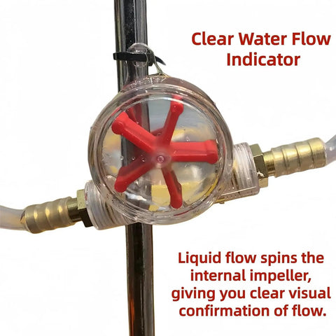 Check Clear Inline Water Flow Indicator With Rotating Impeller For 16mm Push Fit Pipes Transparent Housing visible with spinning red impeller.