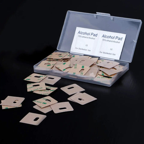 Alcohol wipes pack with transparent adhesive pads for cleaning; part of Badass Vertical Blind Repair Tabs Kit, 30 Sets.