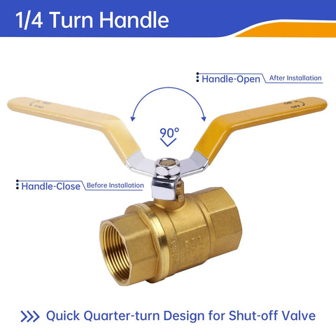 Beefy Brass Ball Valve, 1-1/4 Inch Full Port NPT Female To Female, close-up of 1/4 turn handle position with open and close labels