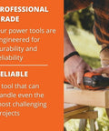 Badass Compact Corded Angle Grinder Featuring Powerdrive Motor Sealed Against Aggressive Dust Soft Start And Restart Function For Ceramic Mineral Cutting Built Like A Tank in use on wood.