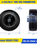 Solid Tire Set For Hand Trucks And Wheelbarrows With Ten Inch Flat Free Tires Size Four Point One Zero By Three Point Five Zero Four Five Eighths Inch Axle Bore Two Point Two Inch Hub Offset Includes Adapter Kit Two Pack, showing front and side view with dimensions.