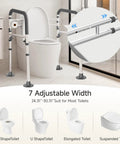 Built To Last Adjustable Toilet Safety Frame For Seniors And Adults With Quick Resize Height Bars, shown near a toilet with adjustable width feature.