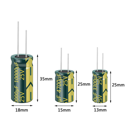 10 Pack Tough As Nails 3300Uf 25V Aluminum Electrolytic Capacitors 13X25Mm showcased with dimensions and types.