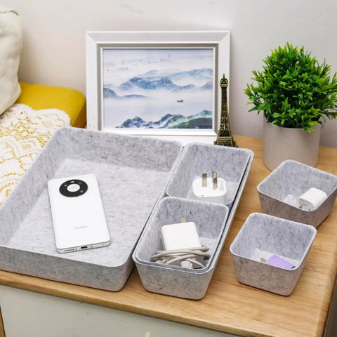 Customizable 8 Pack Felt Drawer Organizer Trays Set For Desk Drawers Shallow Modular Storage Bins For Office Supplies Makeup And Jewelry In Light Gray Mix And Match To Fit Any Drawer Like A Pro on a desk with electronics and greenery.