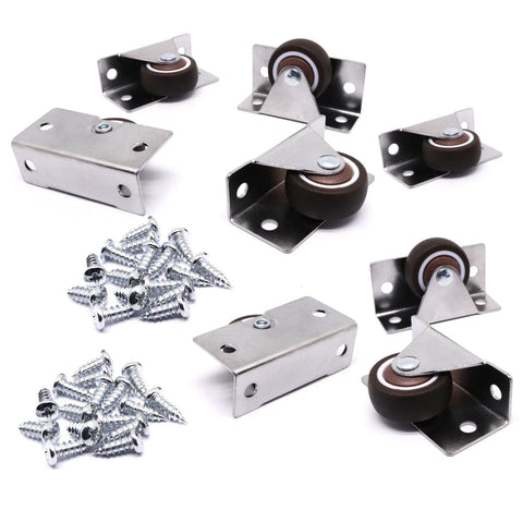 Low Profile Fixed Caster Wheels For Narrow Furniture Spaces Ideal For Drawers Cabinets And Trundle Beds Side Mount Non Swivel One And A Quarter Inch Small Wheel Set Of Four Load Thirty Six Lbs Each Concealed Design For Easy Furniture Renovation, shown with screws