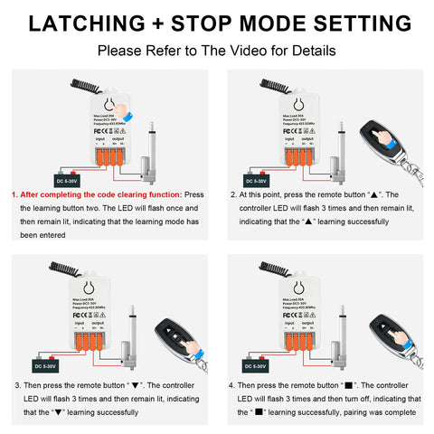 Detailed instructions for Latching + Stop Mode setting on Slick Forward And Reverse Remote Switch With Dual Wireless Controllers
