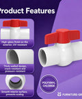 Six Pack Heavy Duty PVC Shut Off Ball Valves Featuring One Inch NPT Female Threads And Red T Handles Rated To 150 PSI showing high-gloss finish and thick-walled design.