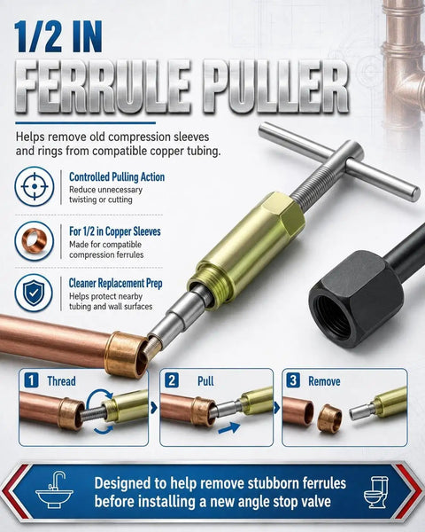 1/2 in Ferrule Puller from Knockout Compression Valve Removal Tool And Angle Stop Wrench Kit, designed for removing stubborn ferrules.