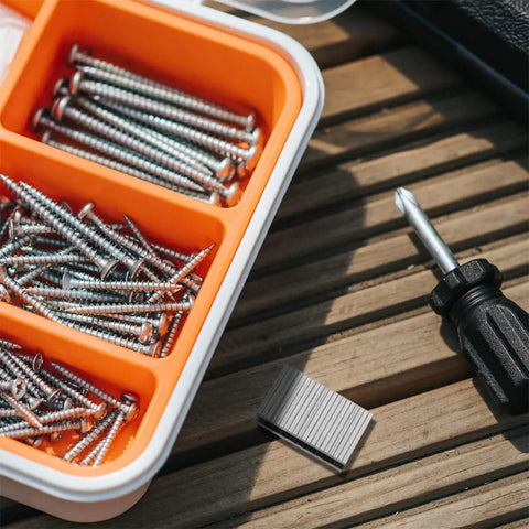 Tough As Nails Shutter Tilt Rod Staples Heavy Gauge Steel Window Repair Hardware Kit featuring sixty durable locking fasteners in a storage tray.