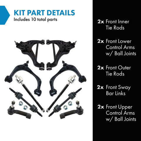 Slick Front Steering And Suspension Repair Kit Bringing Heavy Duty Lower And Upper Control Arms With Ball Joints Inner And Outer Tie Rods Plus Sway Bar Links For Street Use, showing all 10 parts highlighted.