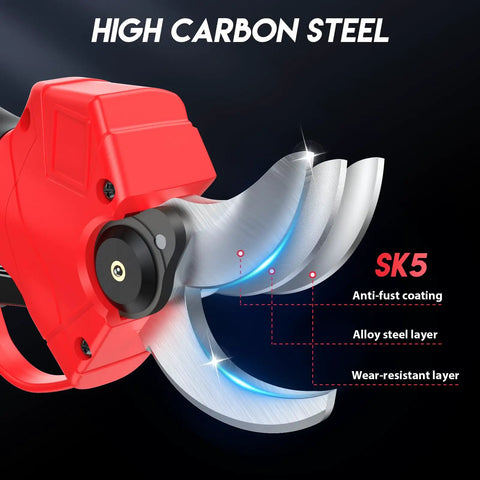 Electric Pruning Shears With LCD Display For Precise Garden Trimming, showcasing SK5 high carbon steel blades.