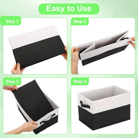 Heavy Duty Large Shelf Storage Bins Four Pack Black Collapsible Fabric Storage Baskets shown in four easy steps to use.