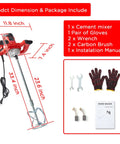 Beefy 2300W Portable Electric Cement Mixer package includes dimensions and accessories shown