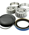 Heavy Duty Fork Caster Bearing Rebuild Kit With Bore Sealant Coating O Ring Cap Upgrade And Dual Precision Bearings components laid out on a surface.