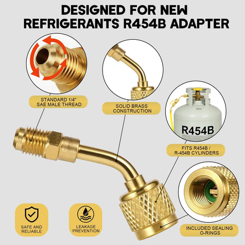 Grind Ready A2L R454B Refrigerant Adapter And Mini Split Brass Coupler Paired With Auto AC Manifold Gauge Connector, solid brass construction.