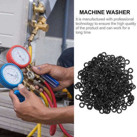 500Pcs Wave Washers Kit 4x8x0.3mm Spring Steel 65Mn Compression Type Gaskets For Screws Bolts Repair And Industrial Fastening Applications Perfect For DIY Projects And Maintenance High Load Bearing Corrosion Resistant Steel, black wave washers shown with HVAC tools