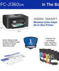 Wireless Color Inkjet All In One Printer With Auto Duplex And 1.8 Inch Color Display Ideal For Home Office Easy Copy Scan Print Uses LC501 Inks Includes Refresh Subscription Trial Great Value For Home Offices And Small Teams With Easy Setup And Low Cost, shown with starter ink cartridges and guides.
