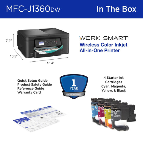 Wireless Color Inkjet All In One Printer With Auto Duplex And 1.8 Inch Color Display Ideal For Home Office Easy Copy Scan Print Uses LC501 Inks Includes Refresh Subscription Trial Great Value For Home Offices And Small Teams With Easy Setup And Low Cost, shown with starter ink cartridges and guides.