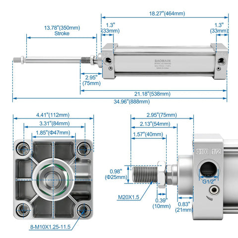 Bombproof Pneumatic Air Cylinder Featuring 4 Inch Bore And 13.78 Inch Stroke Double Acting Single Rod SC100x350 Design with dimensions and details.
